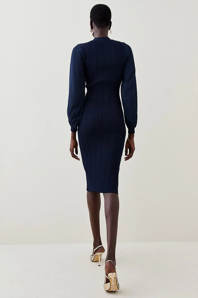Military Rib Knit Georgette Sleeve Midi Dress | Karen Millen Military Rib Knit Georgette Sleeve Midi Dress | Karen Millen
