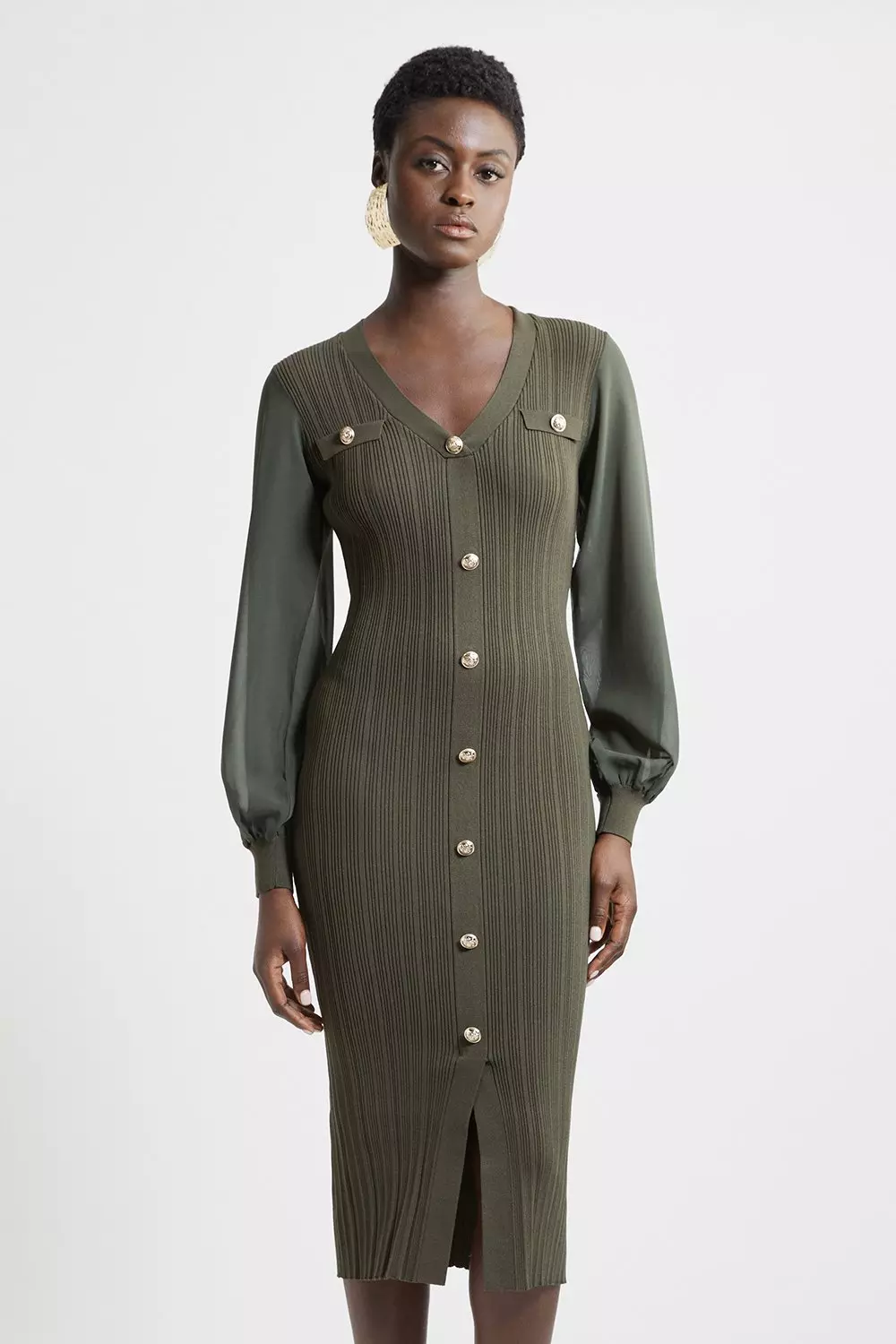 Military Rib Knit Georgette Sleeve Midi Dress | Karen Millen