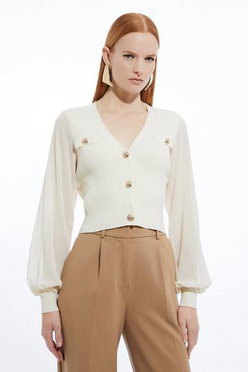 Cream White Military Rib Knit Georgette Sleeve Cardigan