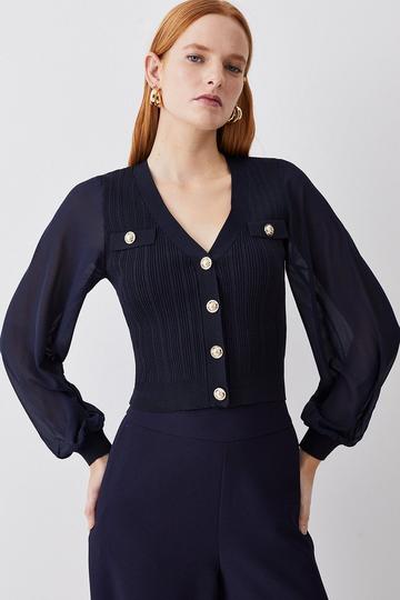 Military Rib Knit Georgette Sleeve Cardigan navy