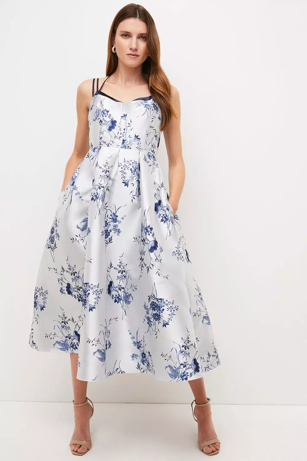 Floral Jacquard Strappy Woven Midi Prom Dress Karen Millen