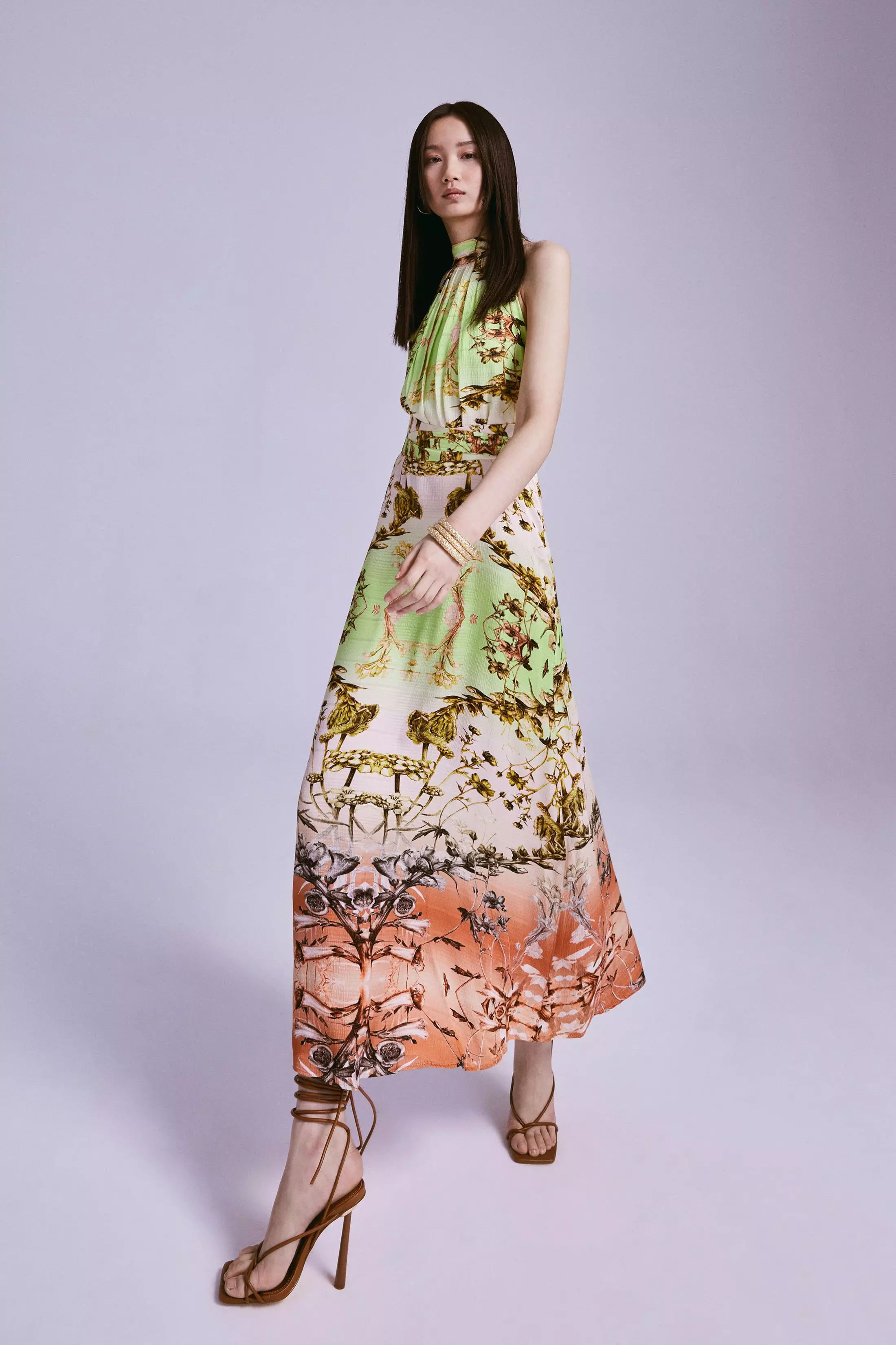 Mirrored Tulipa Print Woven Satin Halterneck Maxi Dress