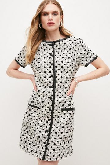 Polka Dot Boucle Button A Line Mini Dress mono