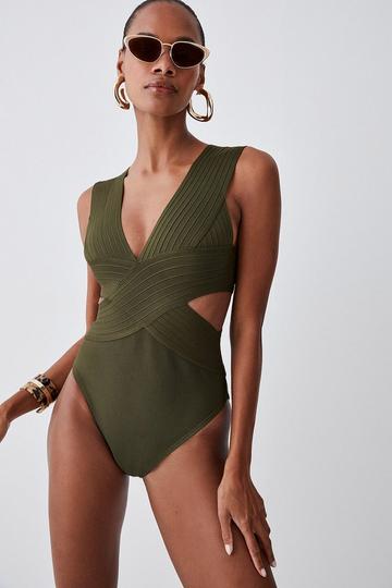 Bandage Textured V Neck Swimsuit khaki