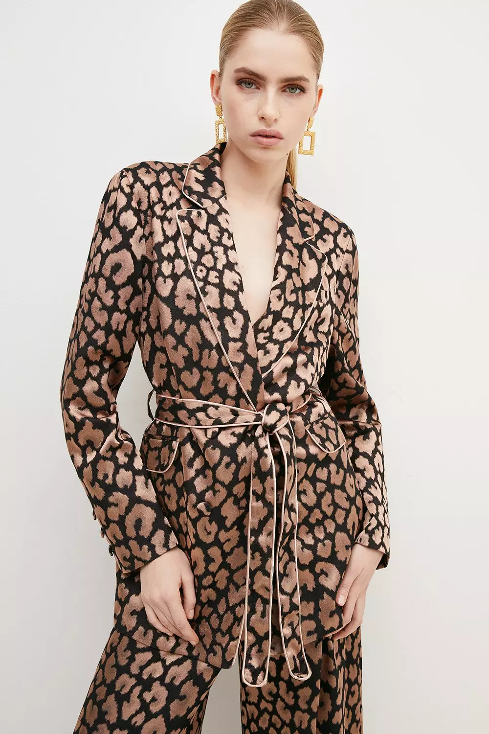 Leopard Jacquard Satin Belted Double Breasted Jacket alternative image