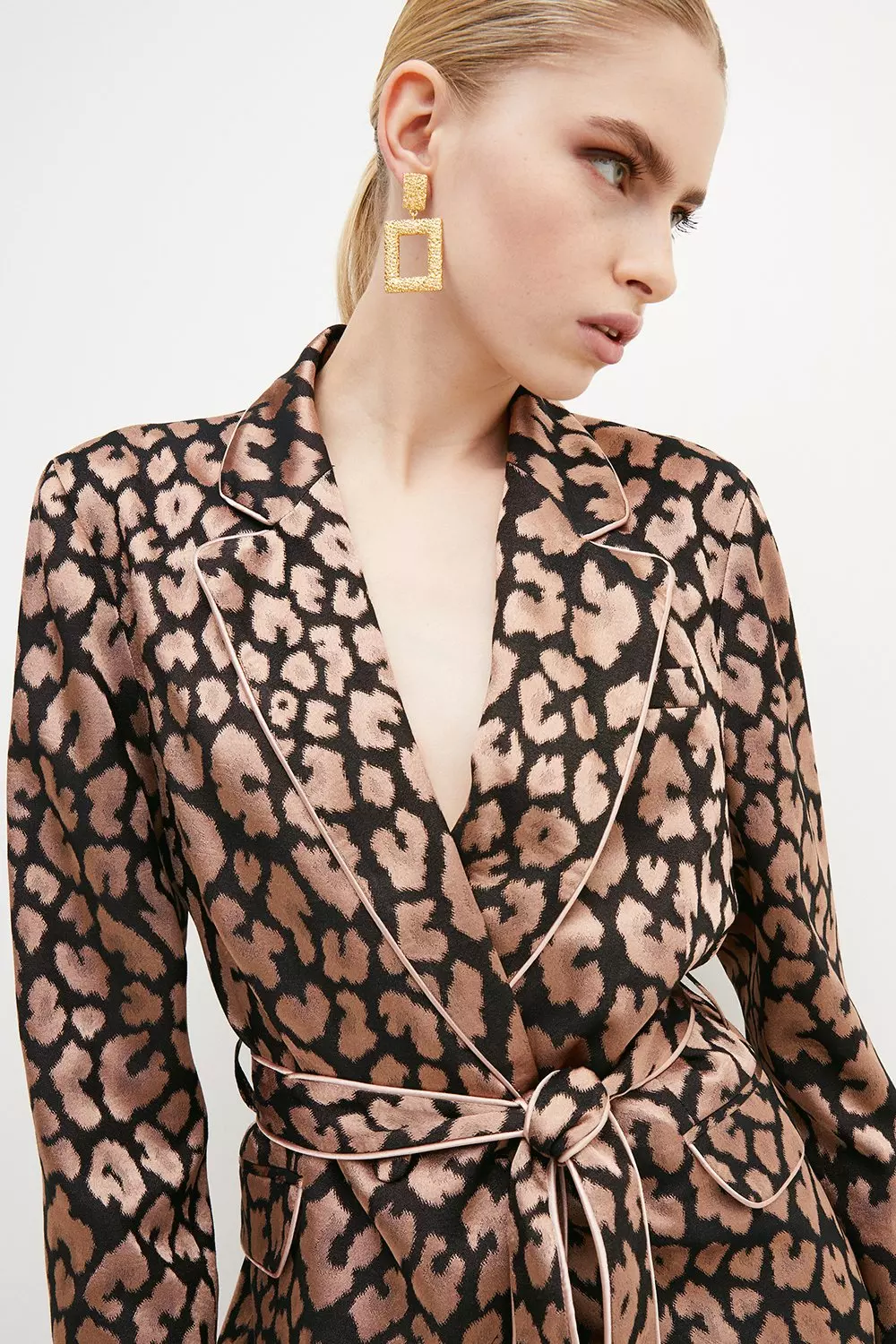 Leopard Jacquard Satin Belted Double Breasted Jacket alternative image