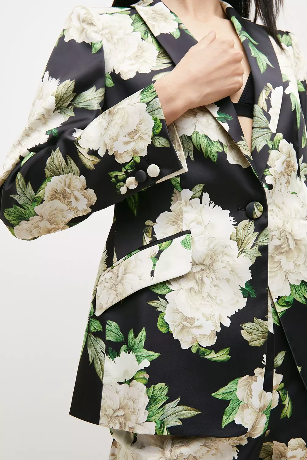 Italian Structured Satin Rose Print Single Breasted Blazer
