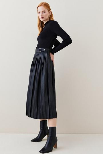 Viscose Blend Knitted Pleated Midi Dress With Pu Detailing black