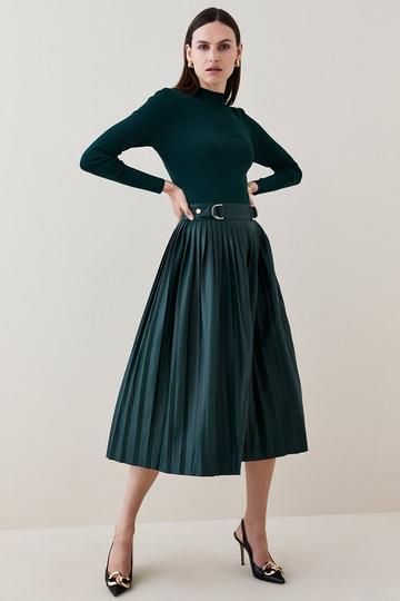 Viscose Blend Knitted Pleated Midi Dress With Pu Detailing teal