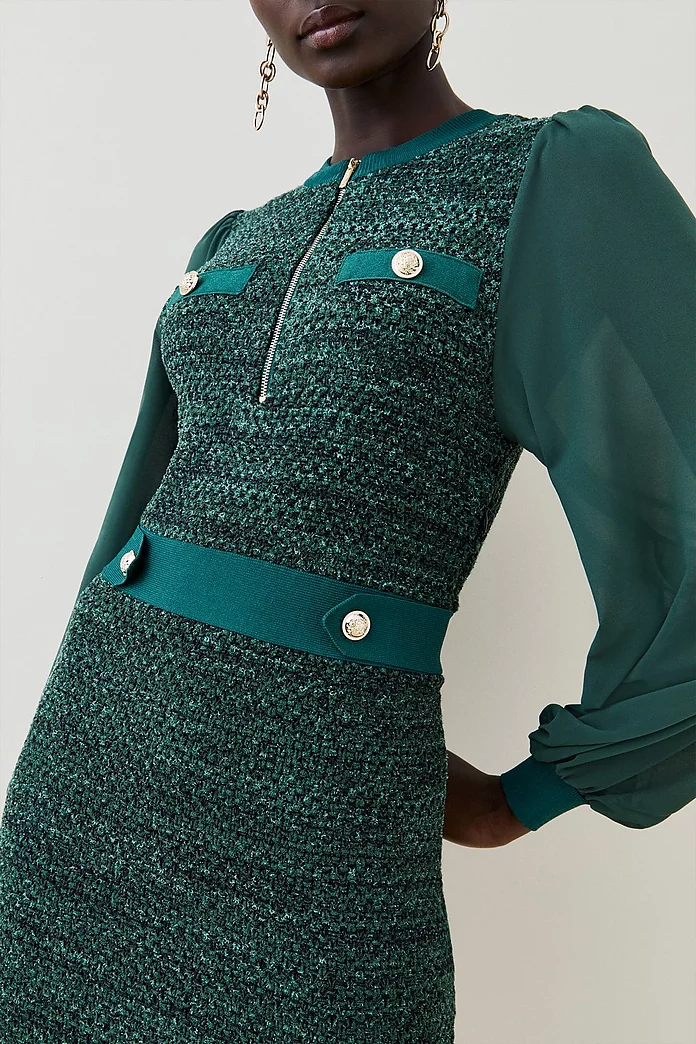 Chiffon Sleeve Tweed Knit Mini Dress | Karen Millen Chiffon Sleeve Tweed Knit Mini Dress | Karen Millen