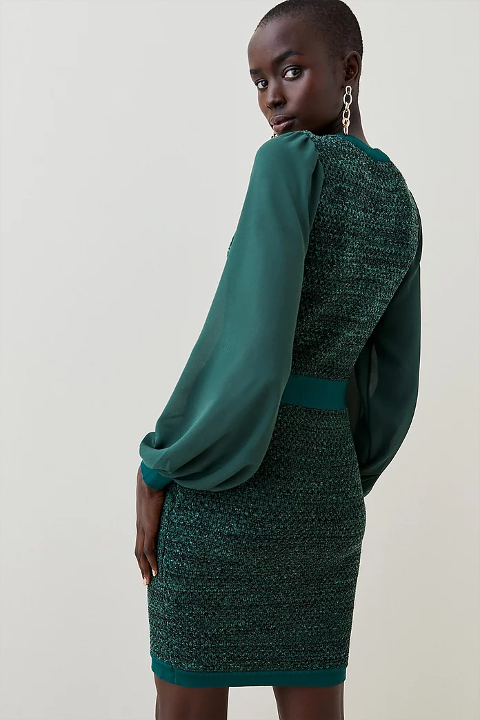 Chiffon Sleeve Tweed Knit Mini Dress | Karen Millen Chiffon Sleeve Tweed Knit Mini Dress | Karen Millen