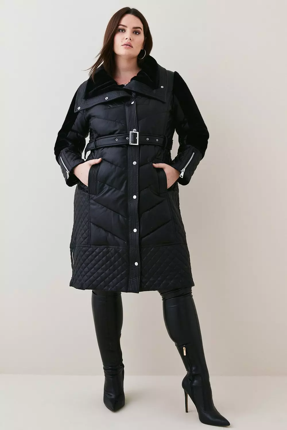 Plus Size Quilted Longline Faux Leather Belt Coat Karen Millen