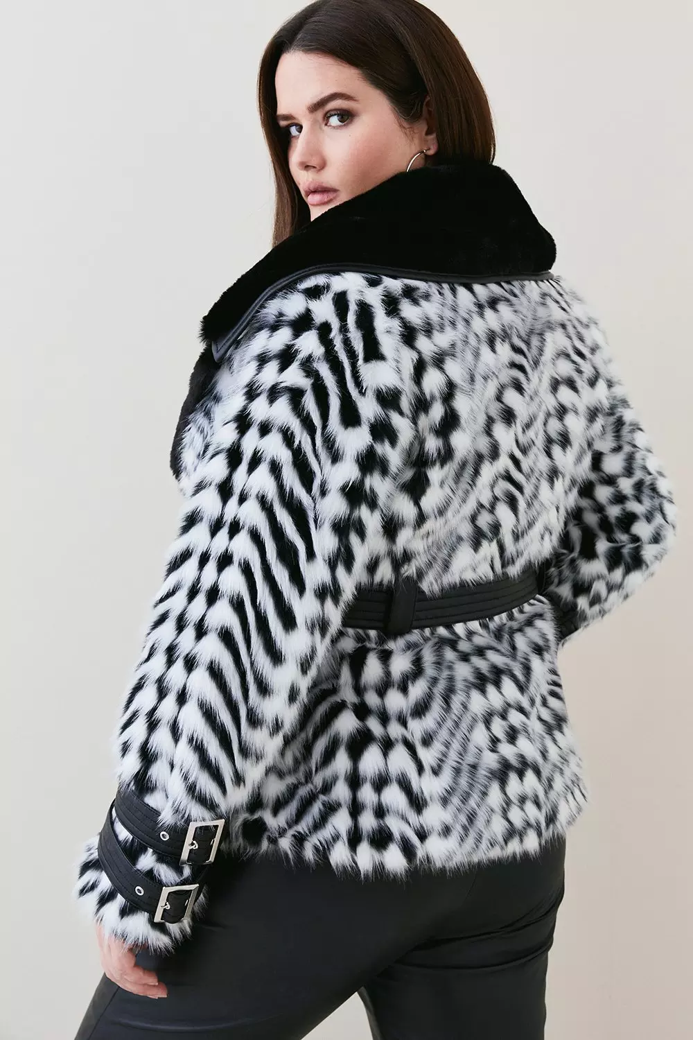 Plus Size Peplum Mono Faux Fur Pu Belted Jacket | Karen Millen