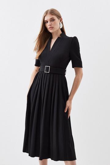 Black Tailored Structured Crepe Forever Pleat Belted Midi Dress