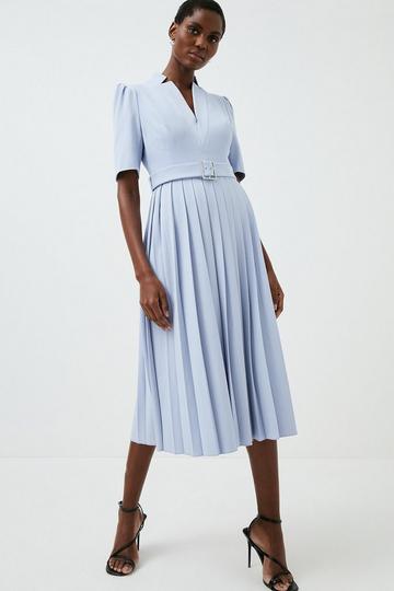 Blue Tailored Structured Crepe Forever Pleat Belted Midi Dress
