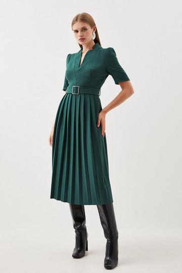 Tailored Structured Crepe Forever Pleat Belted Midi Dress forest