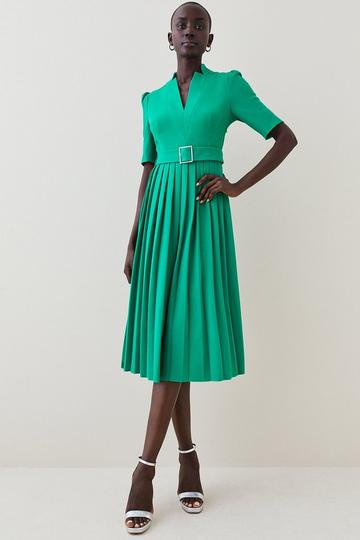 Tailored Structured Crepe Forever Pleat Belted Midi Dress green
