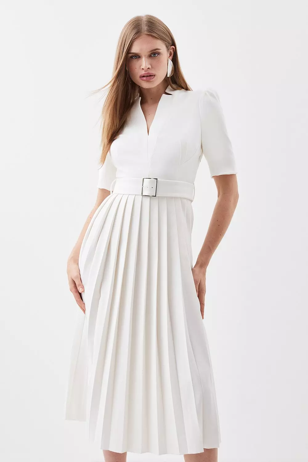 Magenta Tailored Structured Crepe Forever Pleat Belted Midi Dress alternative image
