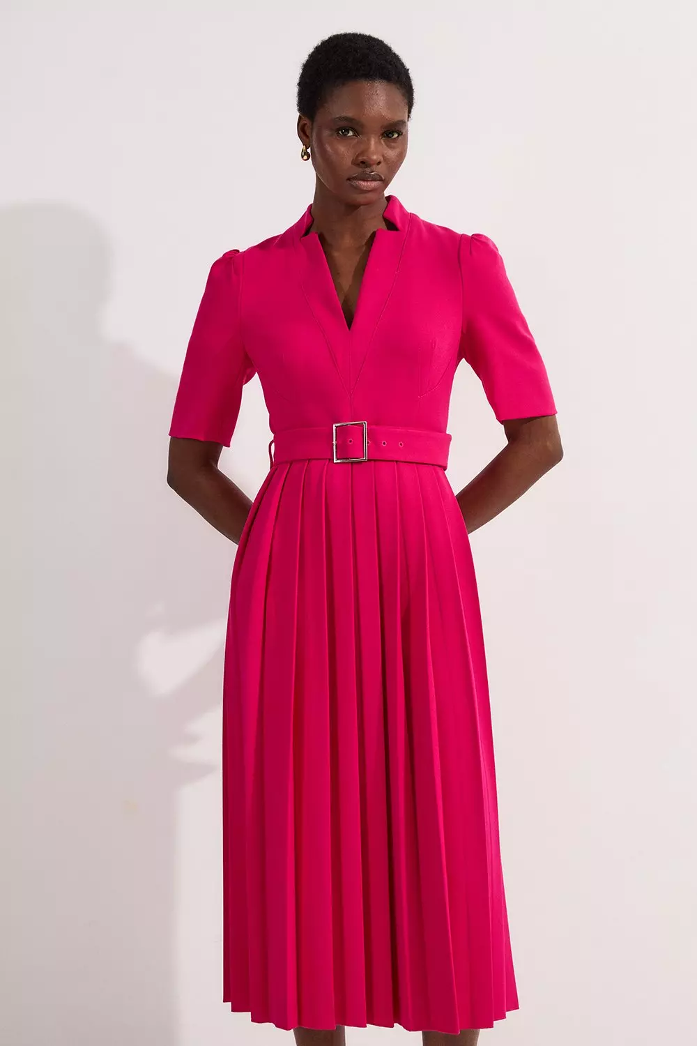 Karen Millen Womens Tailored Structured Crepe Forever Pleat Belted Midi Dress Pink Size 8