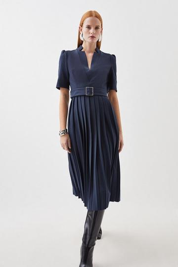 Navy Tailored Structured Crepe Forever Pleat Belted Midi Dress