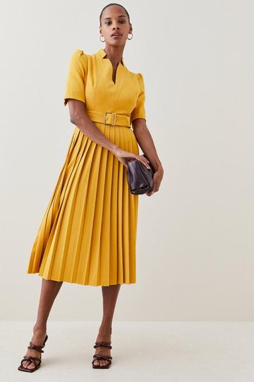 Tailored Structured Crepe Forever Pleat Belted Midi Dress ochre