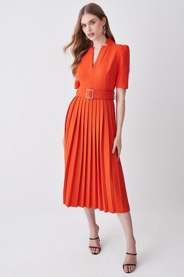 Tailored Structured Crepe Forever Pleat Belted Midi Dress orange