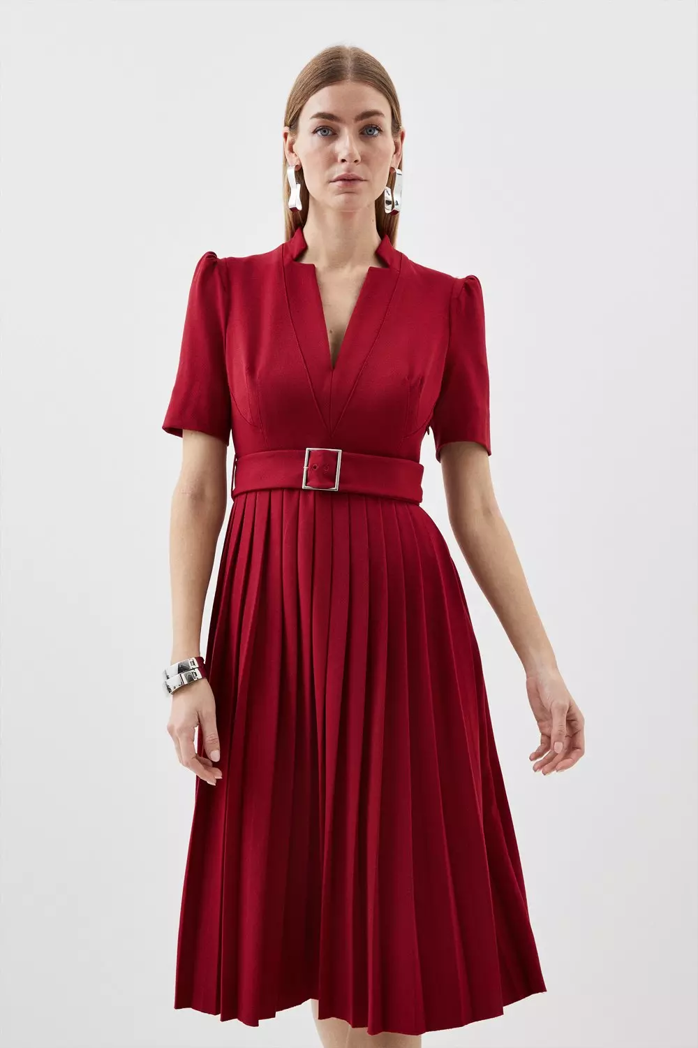 Tailored Structured Crepe Forever Pleat Belted Midi Dress Karen Millen