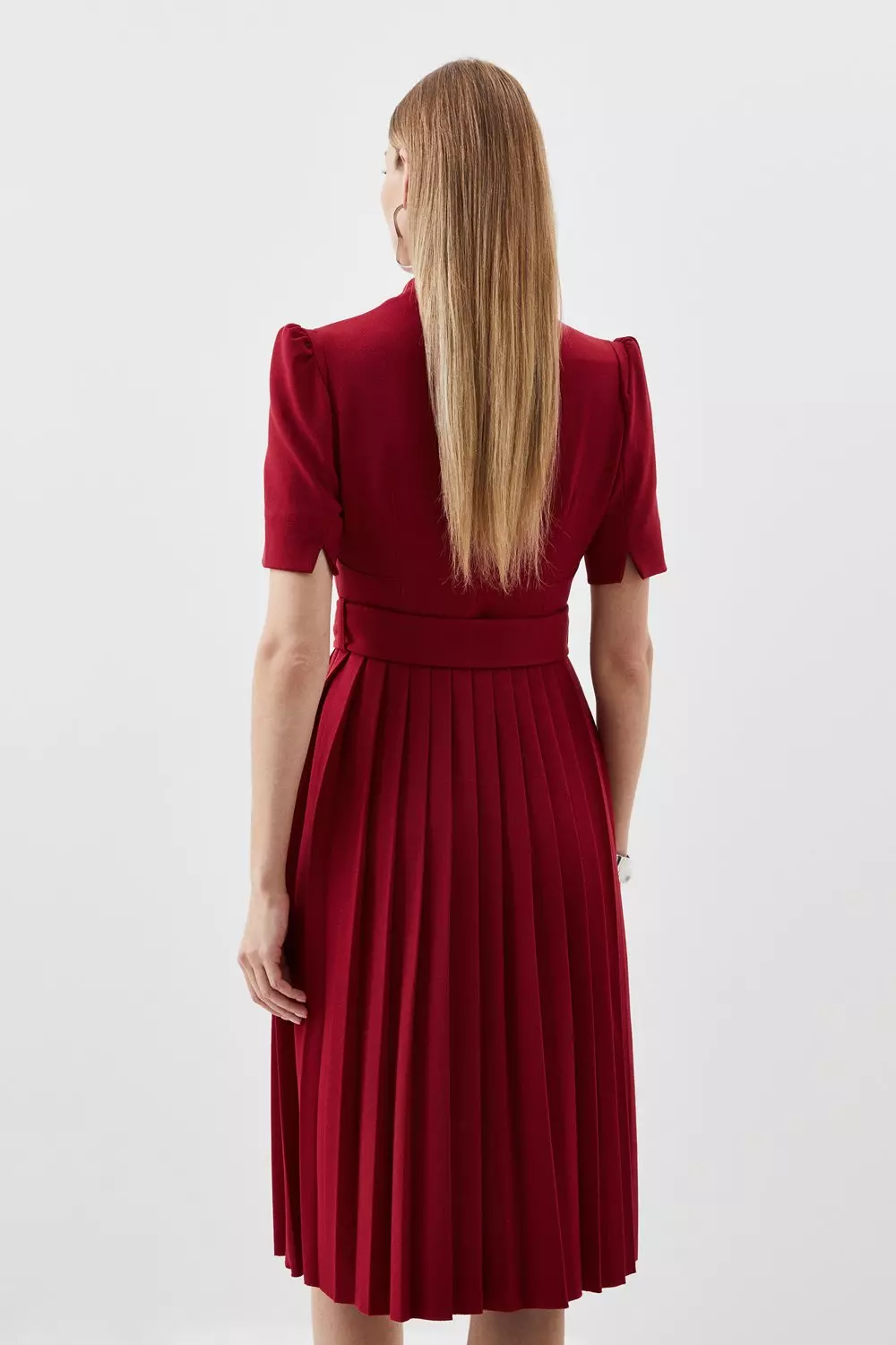 Tailored Structured Crepe Forever Pleat Belted Midi Dress Karen Millen