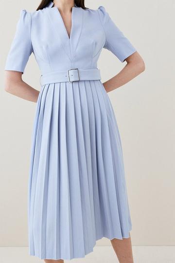 Tailored Structured Crepe Forever Pleat Belted Midi Dress pale blue