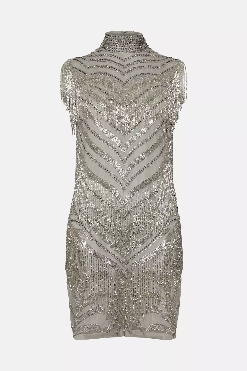 Deco Crystal Embellished High Neck Mini Dress | Karen Millen