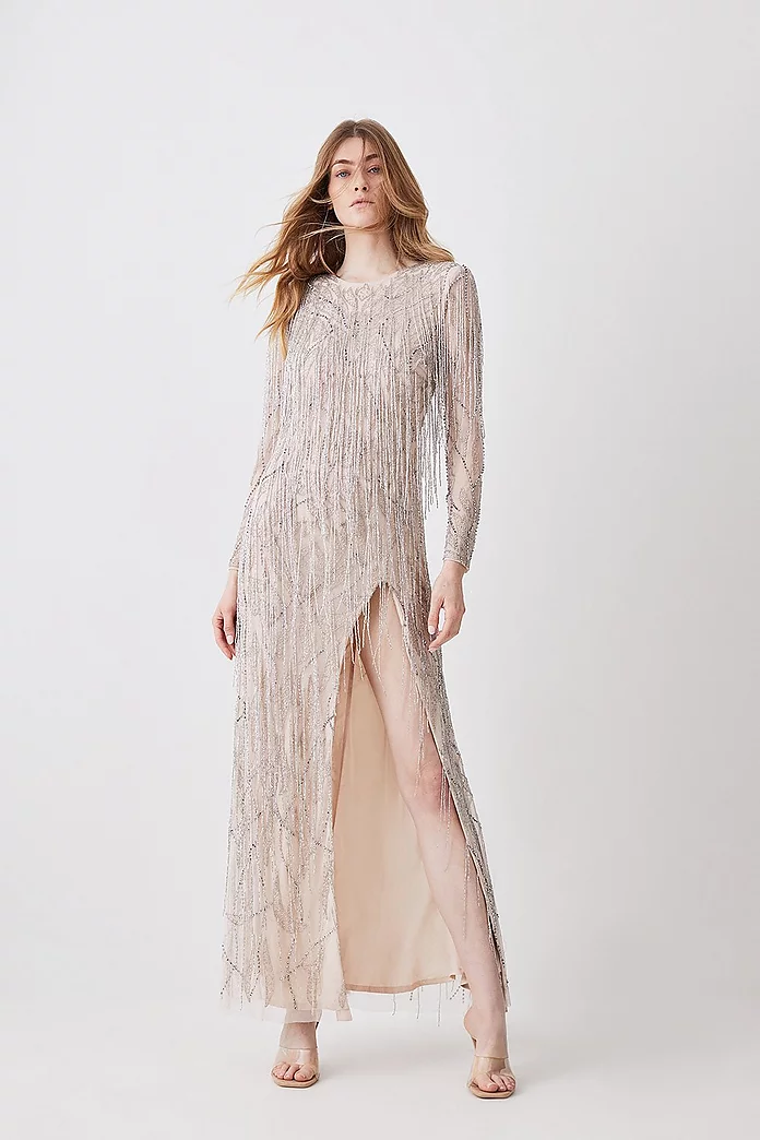 Crystal Embellished Fringed Maxi Dress | Karen Millen Crystal Embellished Fringed Maxi Dress | Karen Millen