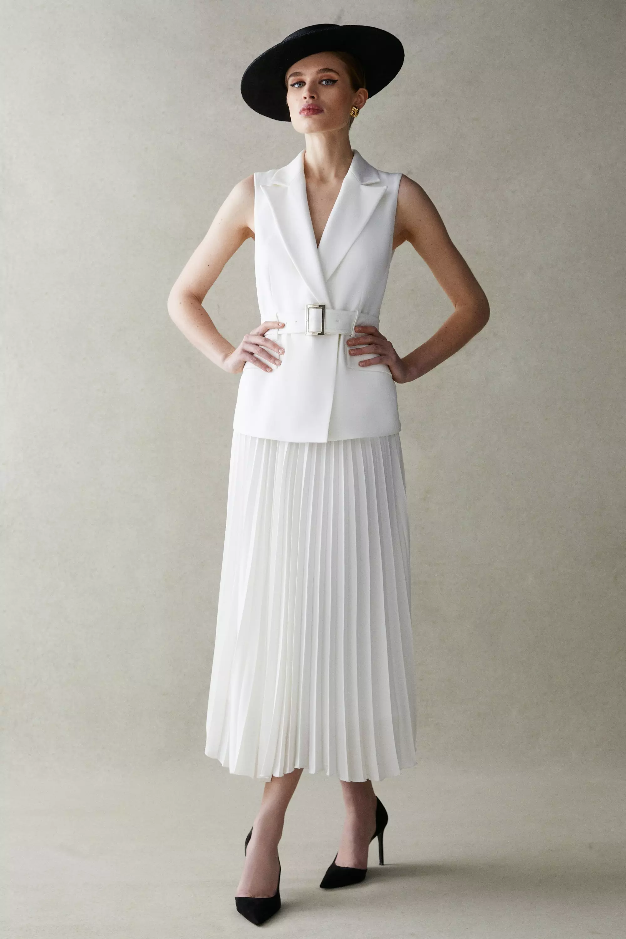 Tailored And Pleat Belted Midi Dress Karen Millen