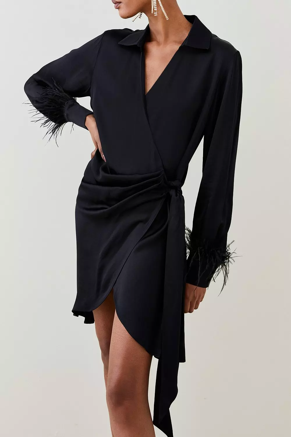 Black Tailored Satin Back Crepe Feather Cuff Mini Dress   alternative image