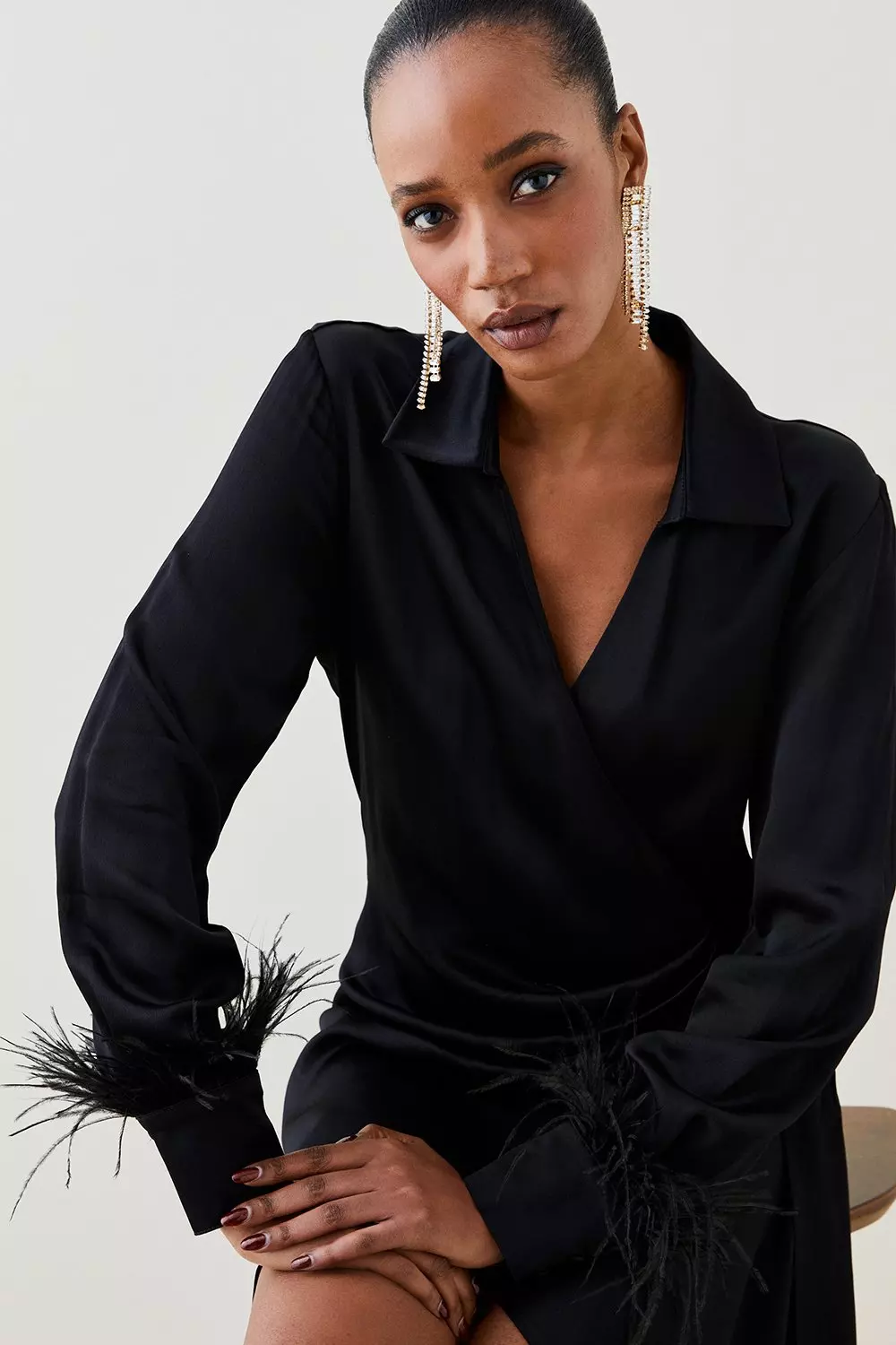 Black Tailored Satin Back Crepe Feather Cuff Mini Dress   alternative image