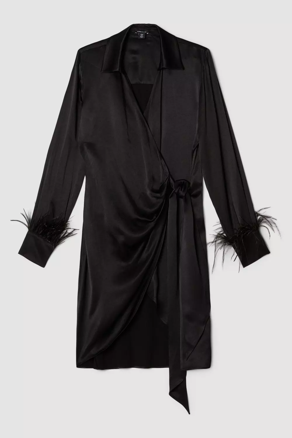 Black Tailored Satin Back Crepe Feather Cuff Mini Dress   alternative image