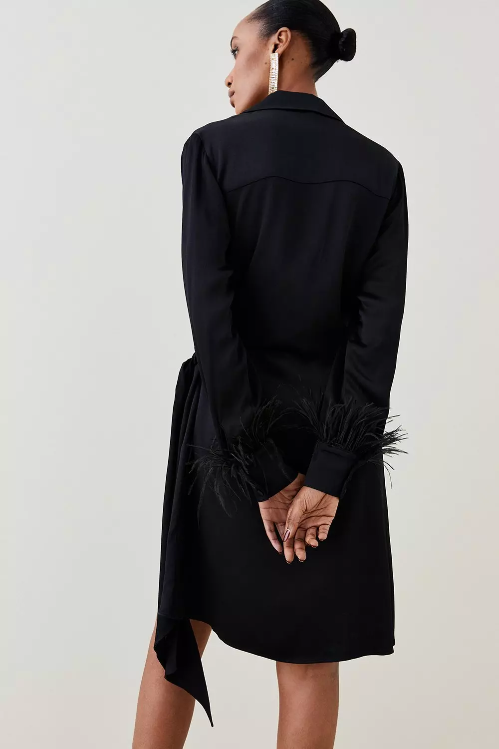 Black Tailored Satin Back Crepe Feather Cuff Mini Dress   alternative image