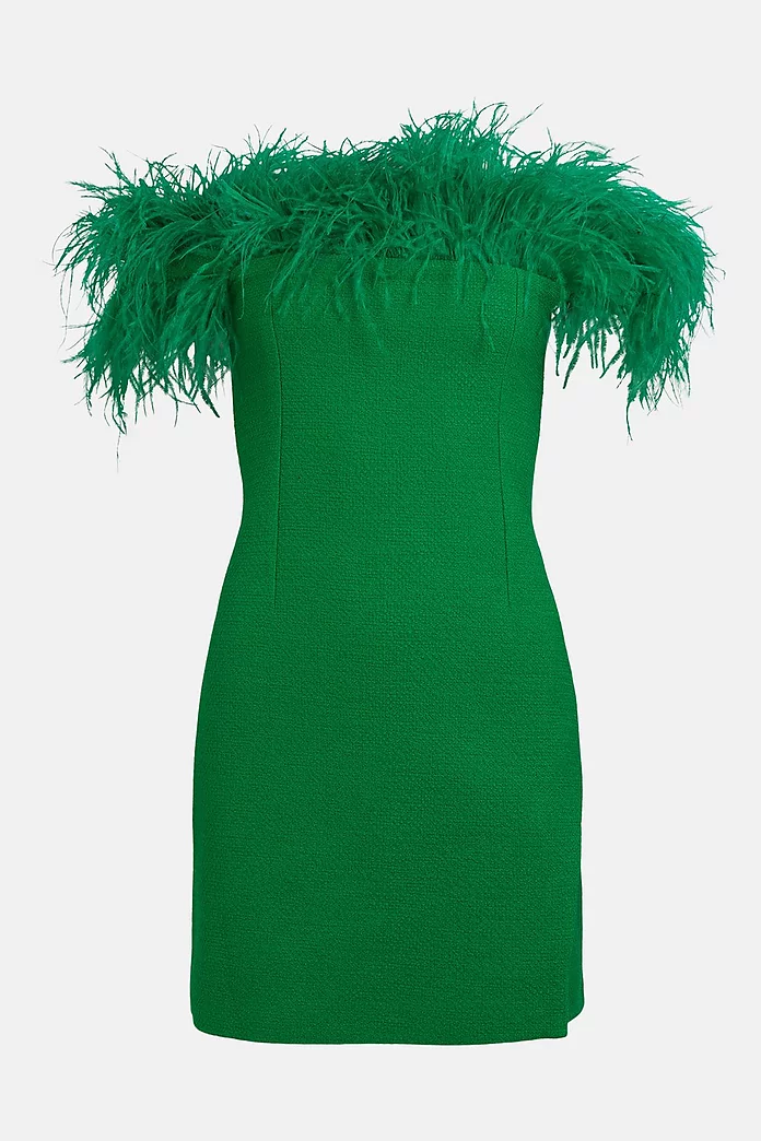 Boucle Feather Off The Shoulder Dress | Karen Millen Boucle Feather Off The Shoulder Dress | Karen Millen