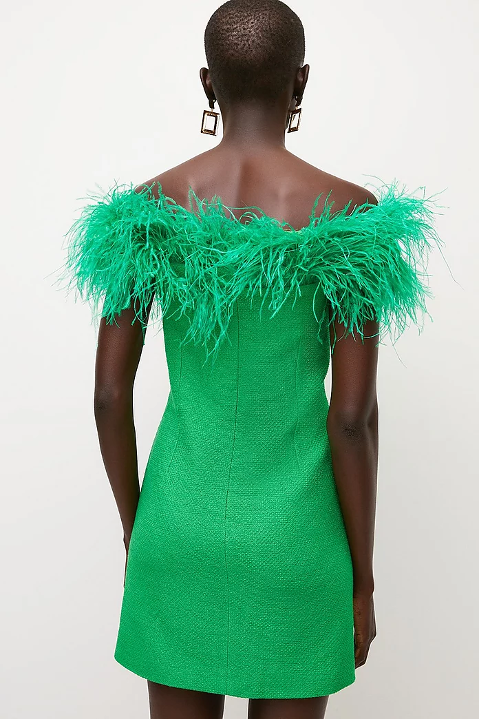 Boucle Feather Off The Shoulder Dress | Karen Millen Boucle Feather Off The Shoulder Dress | Karen Millen