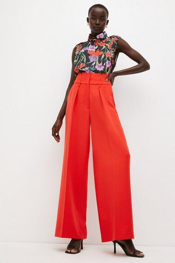 Compact Stretch Tailored High Waist Wide Leg Trouser red orange