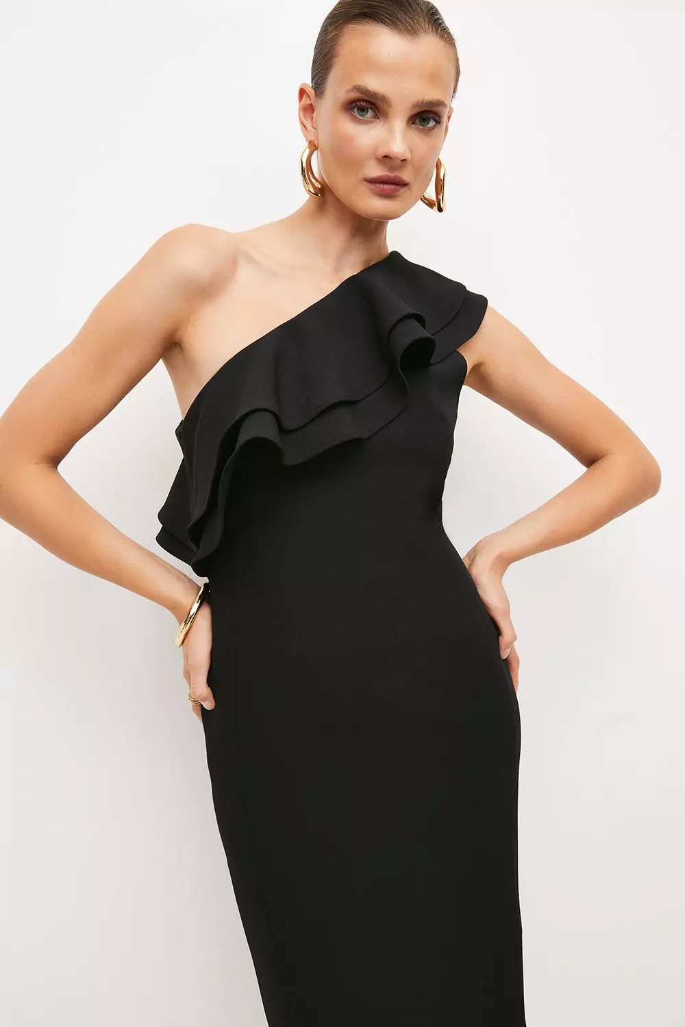 Structured Crepe Tailored One Shoulder Midi Dress Karen Millen