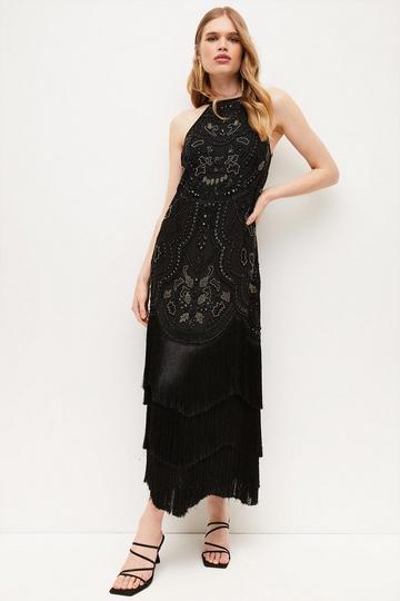 Fringe Woven Midi Dress black