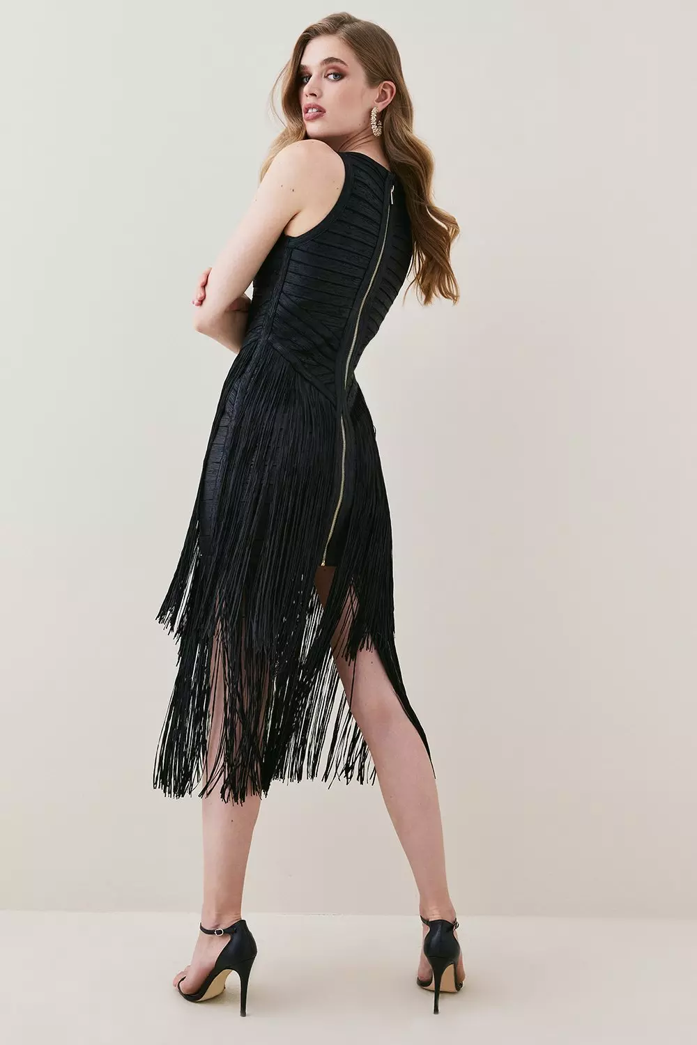 Foiled Bandage Knit Fringe Tiered Midi Dress Karen Millen