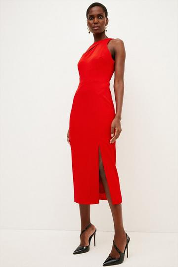 Red Italian Structured Jersey Cut Out Pencil Midi Dress
