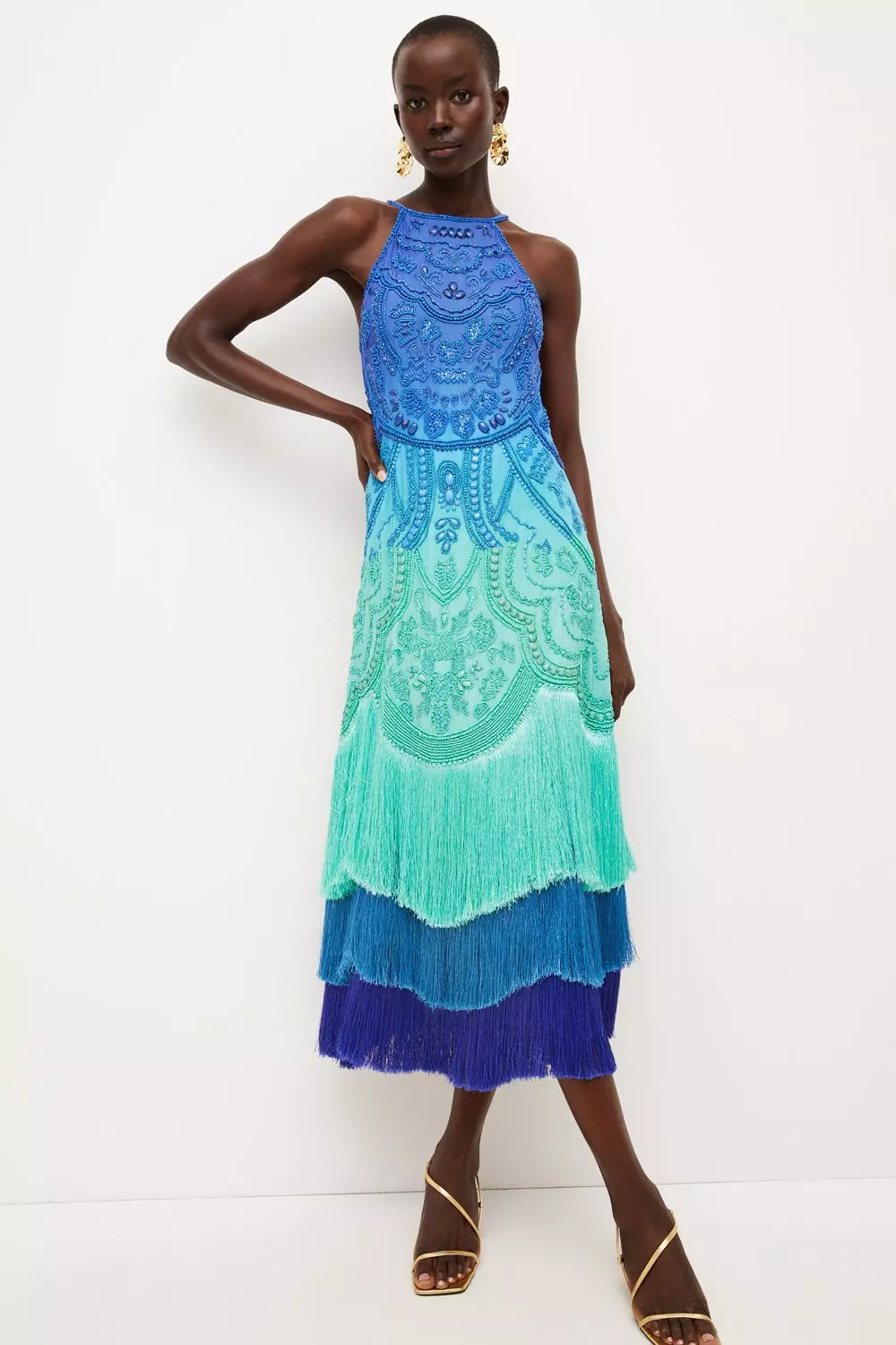 Ombre Fringe Strappy Beaded Maxi Dress Karen Millen
