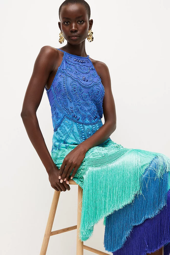 Ombre Fringe Strappy Beaded Maxi Dress | Karen Millen Ombre Fringe Strappy Beaded Maxi Dress | Karen Millen