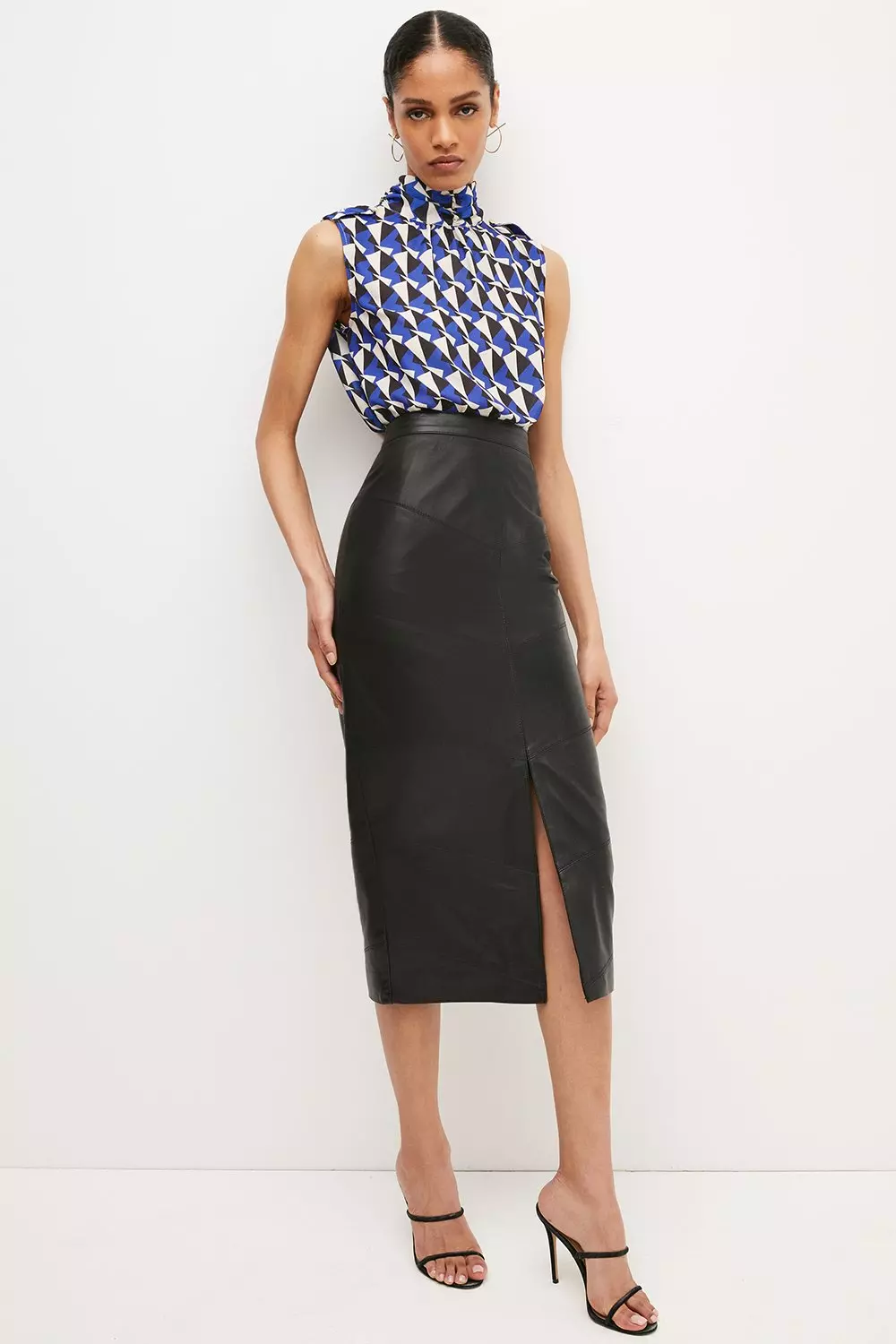 Leather Diagonal Panel Pencil Midi Skirt Karen Millen