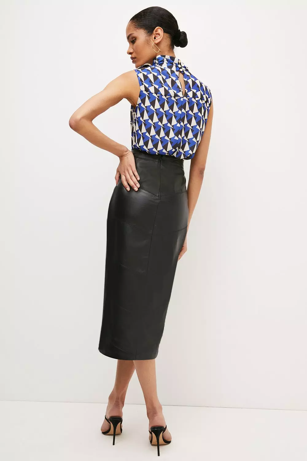 Leather Diagonal Panel Pencil Midi Skirt | Karen Millen