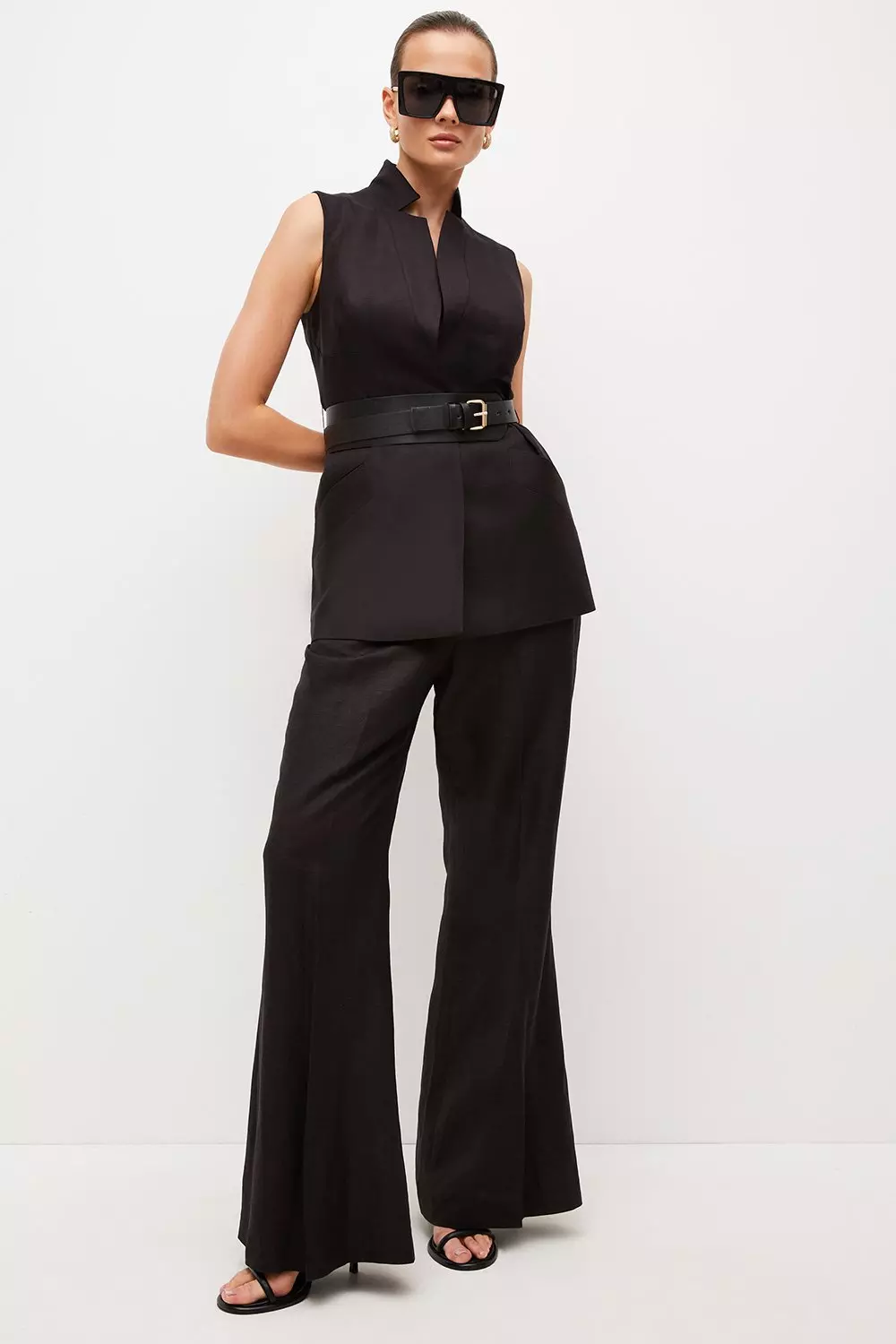 Tailored Linen Blend Sleeveless Belted Jacket | Karen Millen