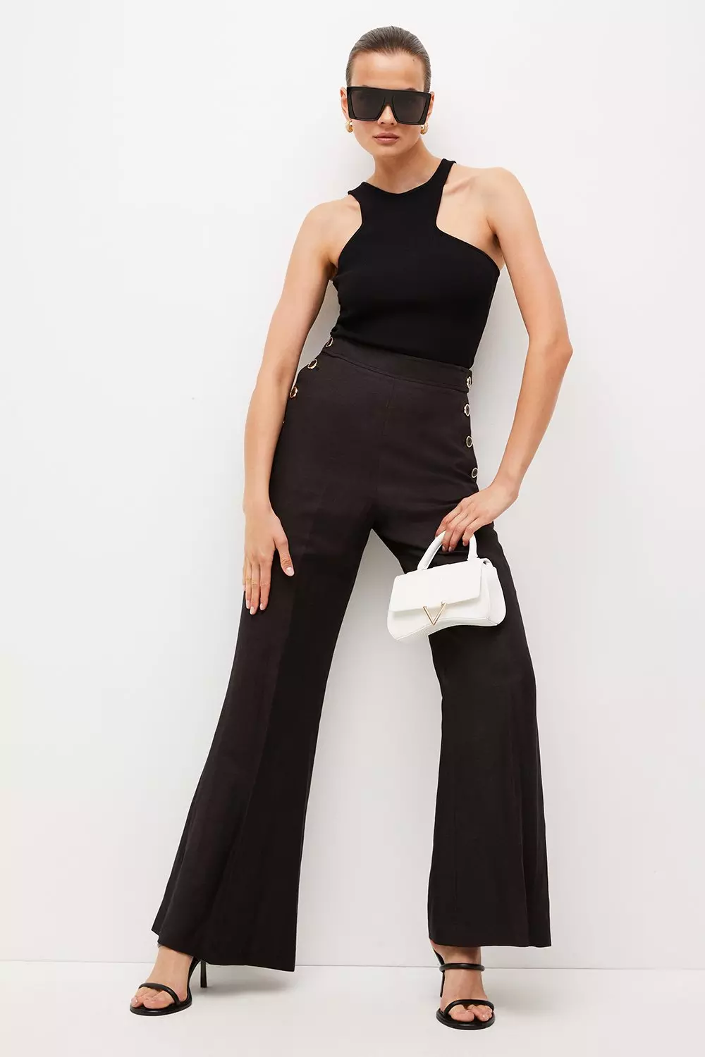 Tailored Linen Blend Button High Waist Pants Karen Millen