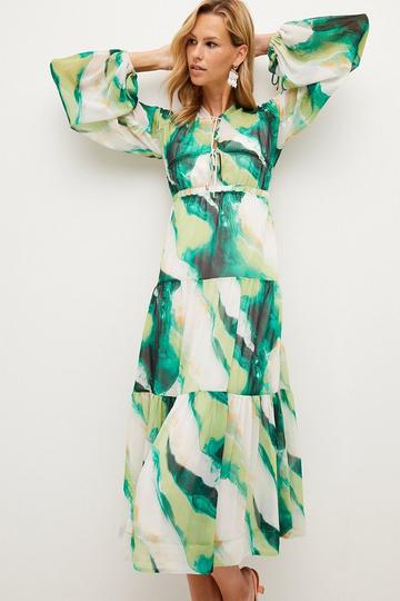 Watercolour Crinkle Tiered Maxi Dress green